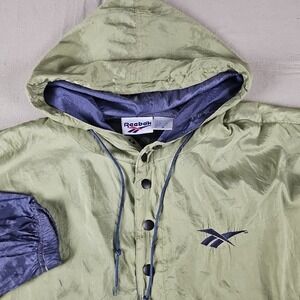 Vintage Reebok Windbreaker Jacket Mens Extra Large Green Blue Nylon Logo Hooded